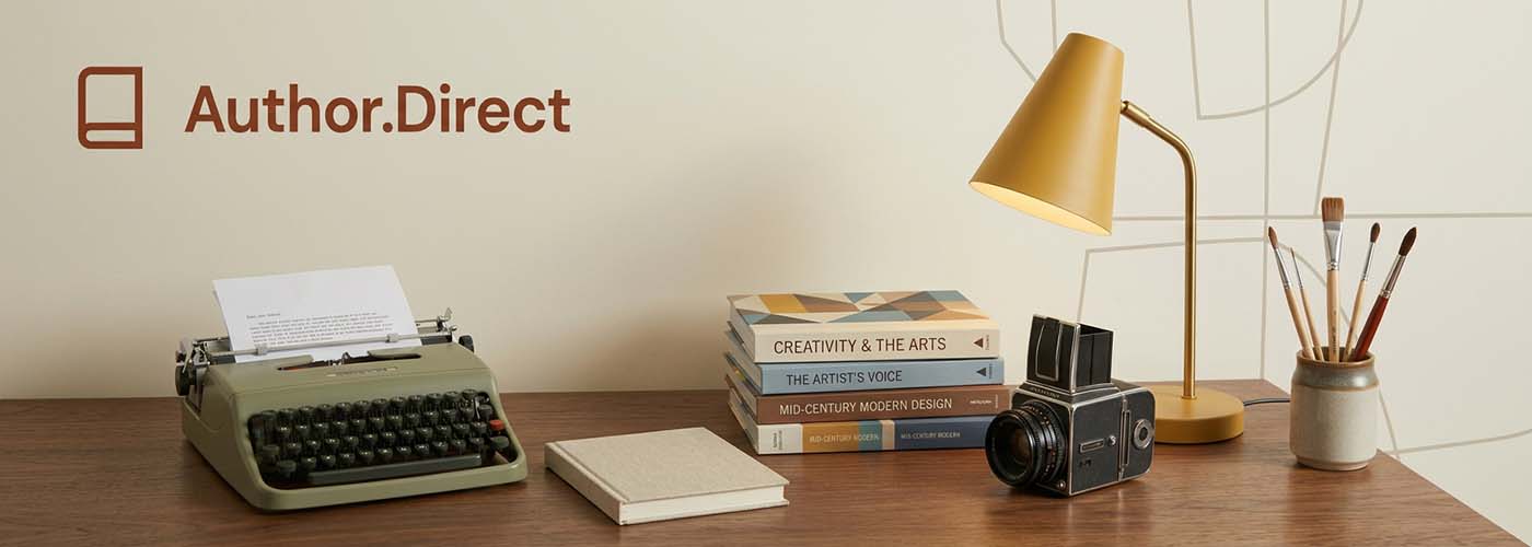 Author.Direct — Great books deserve a long life. A mid-century desk with typewriter, books, and camera.